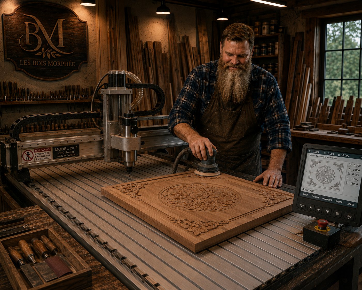 Roger Guillemette à la router CNC, atelier Les Bois Morphée